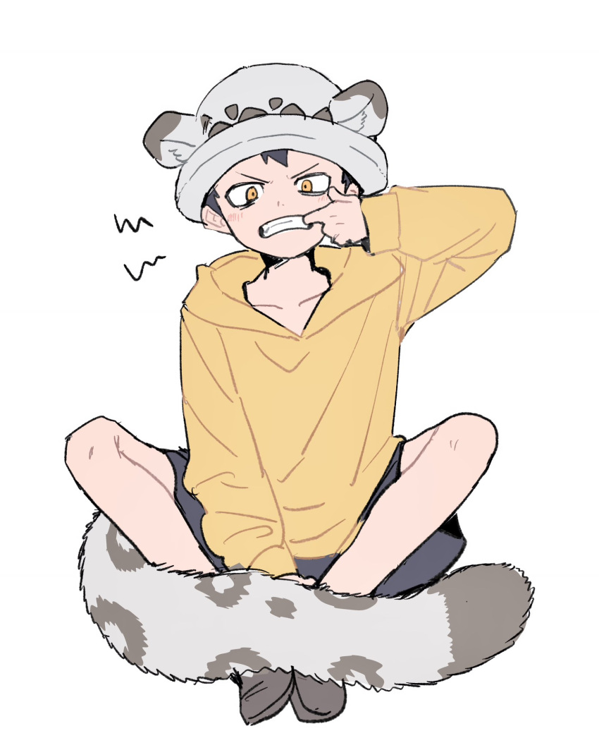 1boy aged_down annoyed black_hair child finger_to_mouth hat highres hood hoodie leopard_boy leopard_tail looking_at_viewer male_focus mm_mofu_uu one_piece panther_print pants short_hair solo tail trafalgar_law yellow_eyes yellow_hoodie