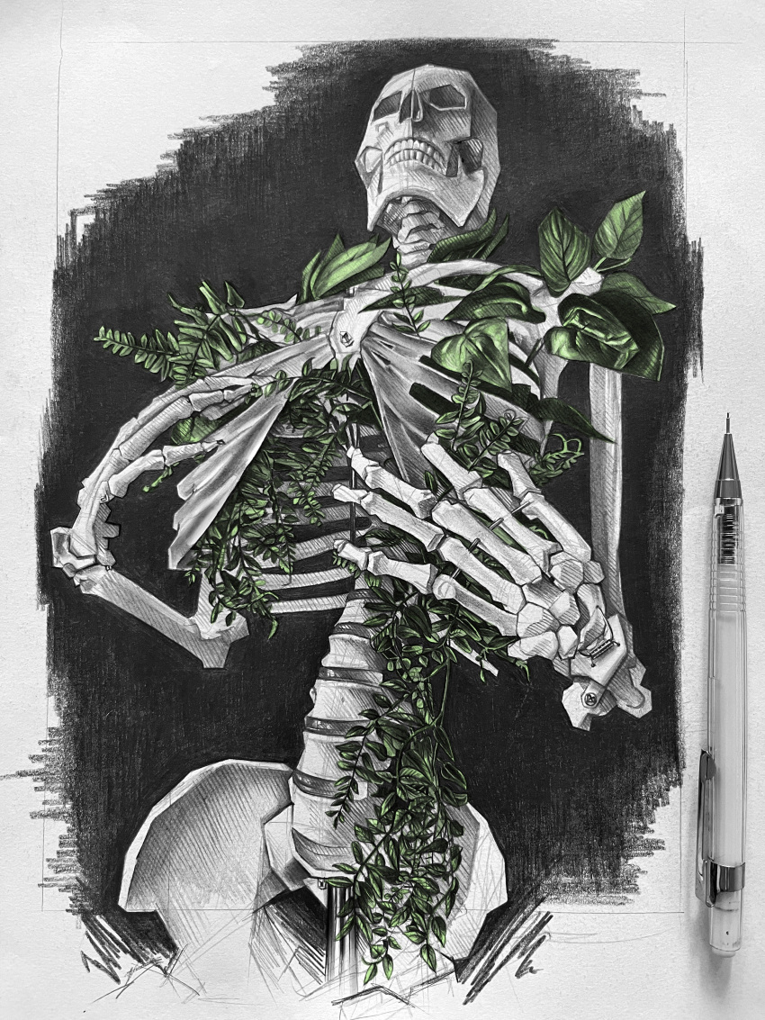 1other absurdres art_tools_in_frame clenched_teeth commentary cowboy_shot english_commentary facing_up foreshortening from_below graphite_(medium) hands_on_own_chest hands_up highres leaf mechanical_pencil original overgrown peaceful pencil photo_(medium) plant reichen--art skeleton tagme teeth traditional_media
