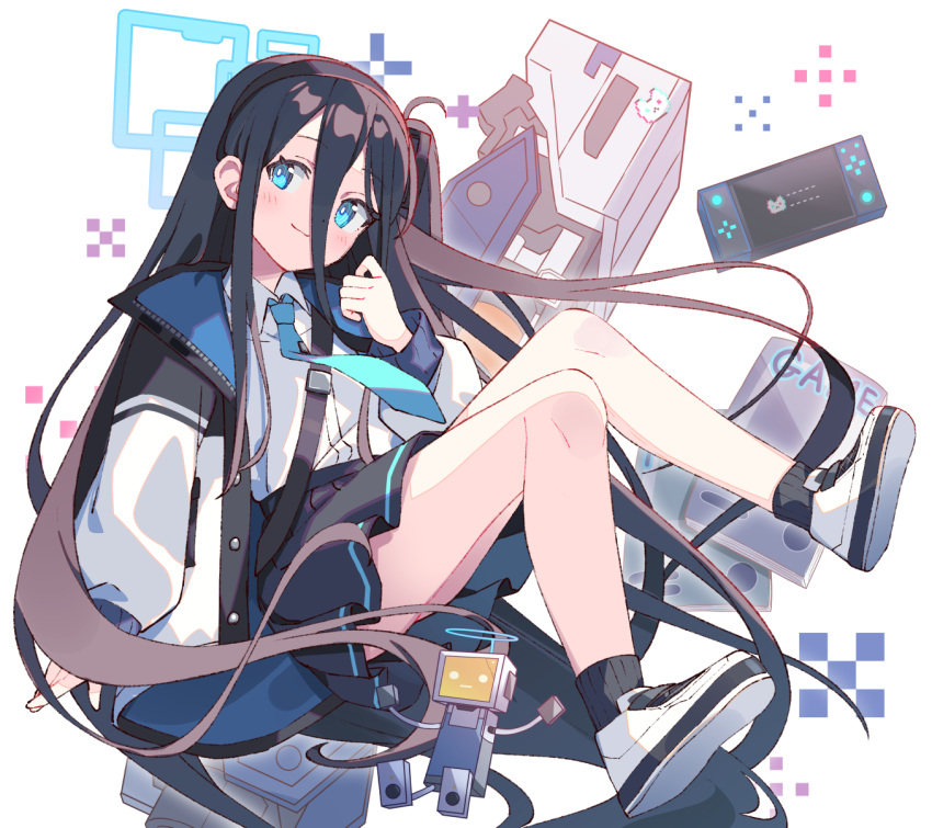 1girl ankle_socks aris_(blue_archive) black_hair black_socks blue_archive blue_eyes blue_necktie bright_pupils collared_shirt commentary hairband handheld_game_console highres jacket long_hair multicolored_clothes multicolored_jacket necktie one_side_up pleated_skirt school_uniform shirt skirt socks solo very_long_hair white_footwear white_pupils white_shirt zoirun