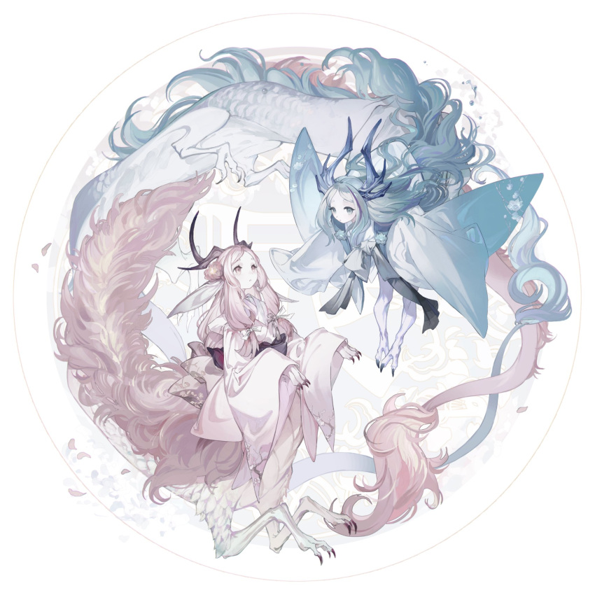 2girls animal_ears animal_hands antlers blue_hair blue_nails chinese_zodiac dragon dragon_girl eastern_dragon eye_contact flower flying full_body grey_hair hair_flower hair_ornament highres hoshi_rousoku japanese_clothes kimono long_hair long_sleeves looking_at_another low-tied_sidelocks monster_girl multiple_girls original parted_bangs petals red_nails sidelocks sleeves_past_wrists tassel taur very_long_hair vest water white_background white_kimono wide_sleeves year_of_the_dragon