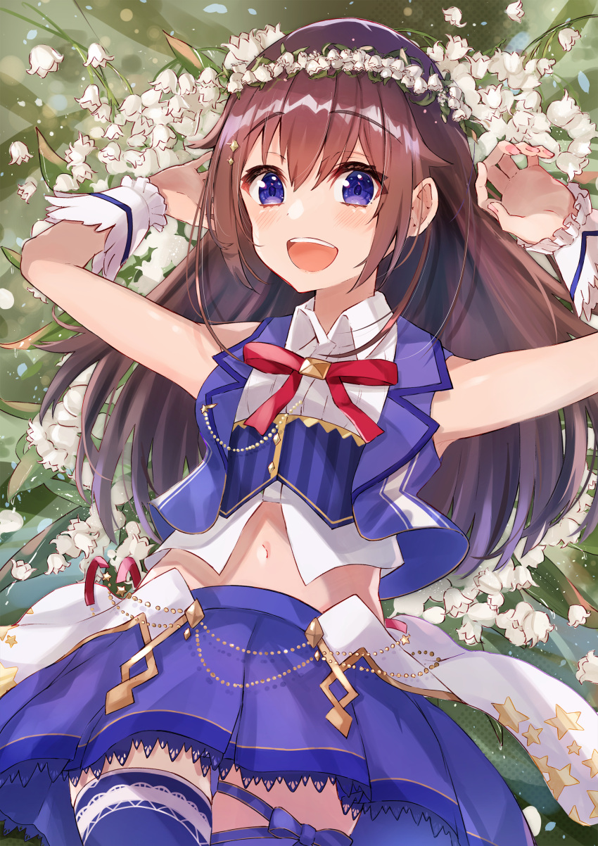 1girl absurdres blue_eyes blue_skirt blue_thighhighs blush brown_hair cropped_vest haru_yu head_wreath highres hololive long_hair looking_at_viewer lying navel on_back skirt smile solo teeth thigh-highs tokino_sora tokino_sora_(1st_costume) upper_teeth_only vest violet_eyes virtual_youtuber white_wrist_cuffs