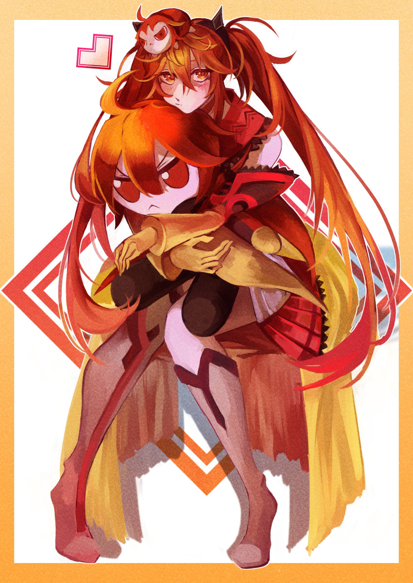 1girl absurdres ahoge blush border boureisakura closed_eyes detached_sleeves dress fake_horns fate/grand_order fate/grand_order_arcade fate_(series) full_body gloves highres holding holding_stuffed_toy horns invisible_chair long_hair looking_at_viewer orange_border orange_eyes orange_hair rama_(fate) red_dress simple_background sita_(fate) sitting solo stuffed_toy twintails white_background white_footwear yellow_gloves
