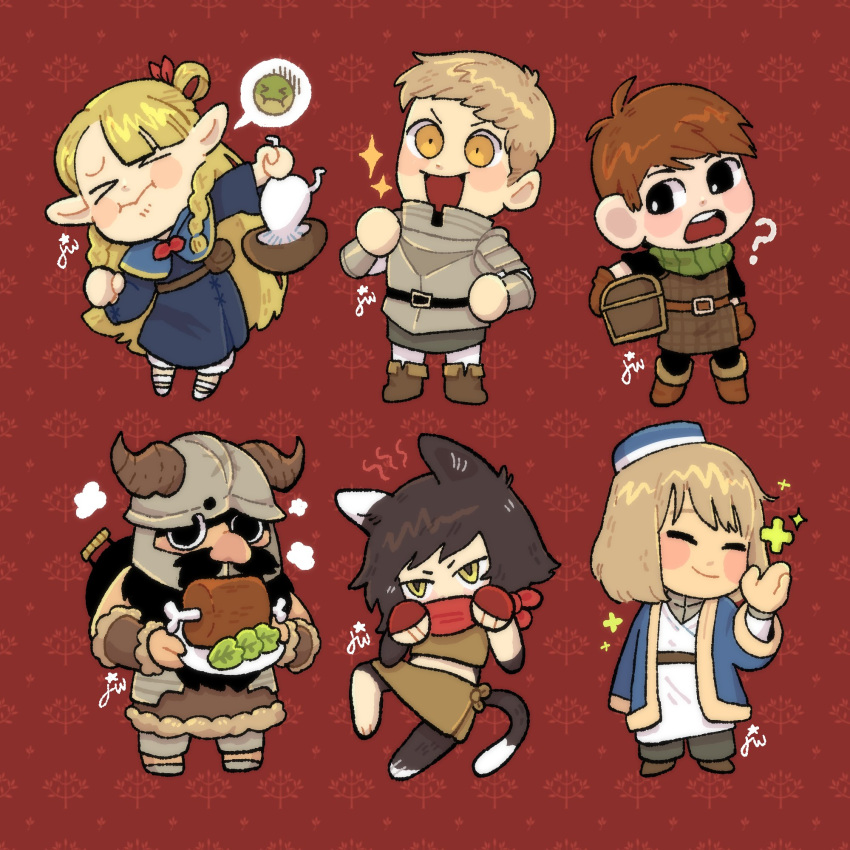 &gt;_&lt; 3boys 3girls ? animal_ears armor black_eyes blonde_hair boned_meat brown_hair cat_ears cat_girl cat_tail chibi chilchuck_tims closed_eyes closed_mouth commentary disgust dungeon_meshi dwarf elf fake_horns falin_thorden food halfling helmet highres holding holding_food horned_helmet horns izutsumi jupiterweathers laios_thorden long_hair marcille_donato meat multiple_boys multiple_girls open_mouth pointy_ears red_background senshi_(dungeon_meshi) short_hair simple_background smile spoken_expression standing tail yellow_eyes