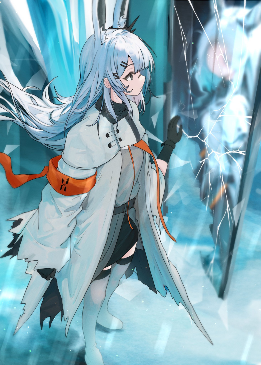 1girl animal_ear_fluff animal_ears arknights black_gloves black_scarf black_skirt black_thighhighs blunt_bangs boots broken_mirror cloak commentary dress frostnova_(arknights) full_body gloves grey_dress grey_eyes hair_ornament hairclip highres knee_boots long_hair long_sleeves looking_at_mirror mirror orange_armband rabbit_ears rabbit_girl reflection reunion_logo_(arknights) scar scar_on_face scar_on_nose scarf skirt solo sora_mame_(princess_0sora) symbol-only_commentary thigh-highs white_cloak white_footwear white_hair