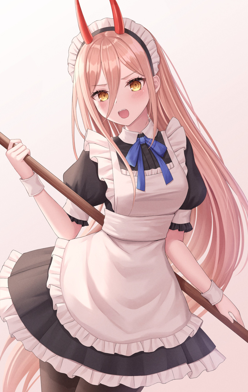 1girl absurdres alternate_costume apron broom chainsaw_man commentary_request enmaided hair_between_eyes highres holding holding_broom horns long_hair looking_at_viewer maid maid_apron maid_headdress open_mouth power_(chainsaw_man) red_horns seungju_lee solo white_apron yellow_eyes