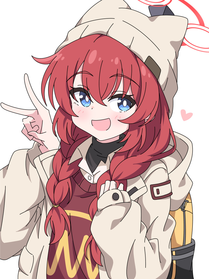 1girl absurdres backpack bag beanie blue_archive blue_eyes blush braid brown_vest collared_shirt grey_headwear grey_jacket halo hat heart highres jacket long_hair long_sleeves looking_at_viewer maki_(blue_archive) maki_(camp)_(blue_archive) mangyu0111 official_alternate_costume official_alternate_hairstyle open_clothes open_jacket open_mouth red_halo redhead shirt smile solo twin_braids upper_body v vest white_shirt