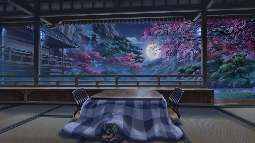 architecture chair cherry_blossoms clouds commentary cushion doberman dog east_asian_architecture english_commentary flower full_moon grass highres indie_utaite kotatsu lantern moon mountain night no_humans official_art pink_flower railing scenery shijohane table tatami tree under_kotatsu under_table unnamed_(utaite) veranda
