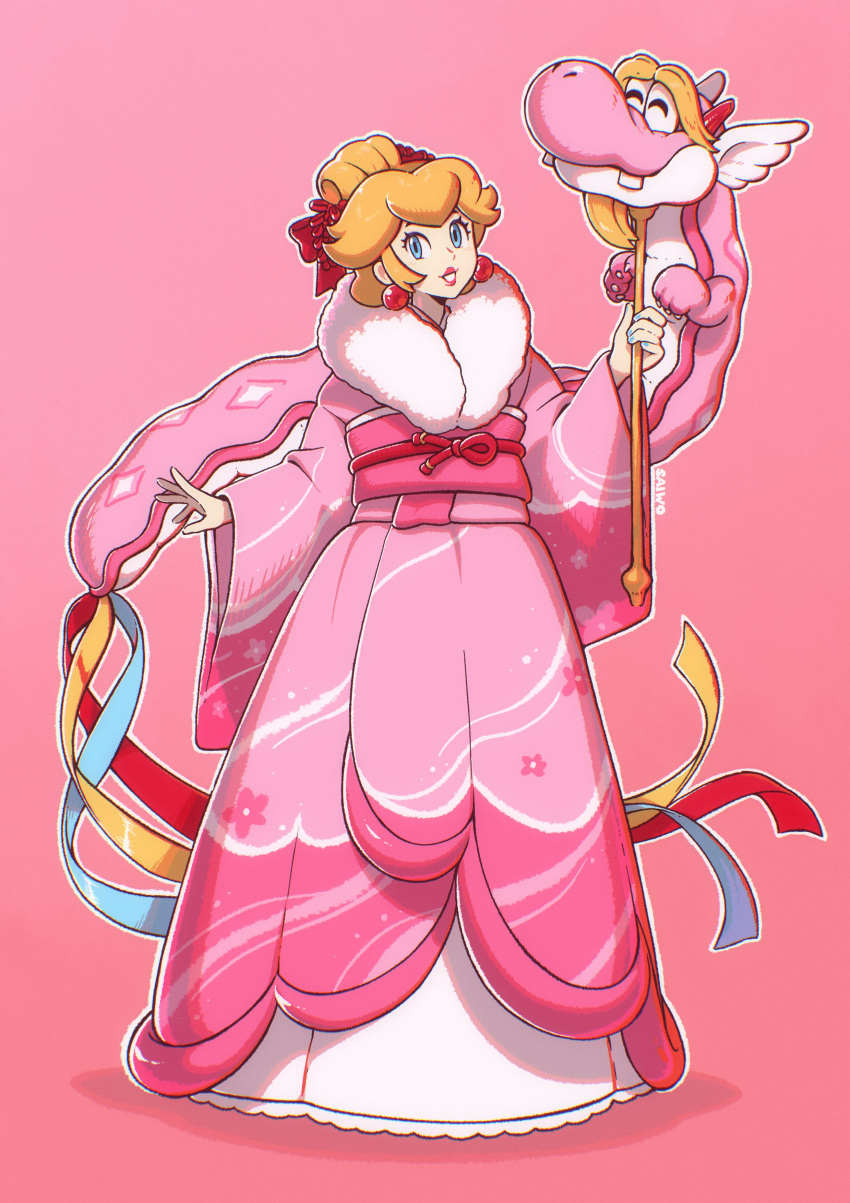 1girl absurdres alternate_costume alternate_hairstyle ancient_dragon_(mario) blonde_hair blue_eyes chinese_zodiac dragon dress earrings eastern_dragon full_body fur-trimmed_kimono fur_trim hair_ribbon highres japanese_clothes jewelry kimono looking_at_viewer pink_background pink_dress pink_kimono pink_sash princess_peach red_ribbon ribbon saiwo_(saiwoproject) sash simple_background solo sphere_earrings super_mario_bros. updo year_of_the_dragon