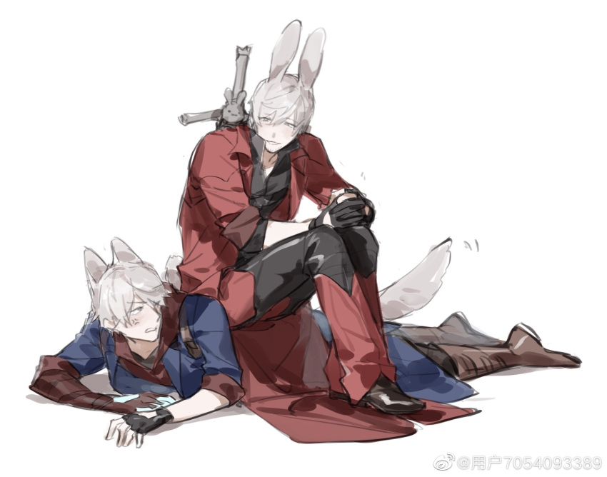 2boys animal_ears annoyed bad_source bishounen blue_eyes coat dante_(devil_may_cry) devil_bringer devil_may_cry_(series) devil_may_cry_4 dog_boy dog_ears dog_tail fingerless_gloves gloves highres hood ink_(303682546) jacket male_focus multiple_boys nero_(devil_may_cry) pale_skin rabbit_boy rabbit_ears rabbit_tail shigu_dmc simple_background sitting sitting_on_person smile sword tail trench_coat uncle_and_nephew weapon white_hair