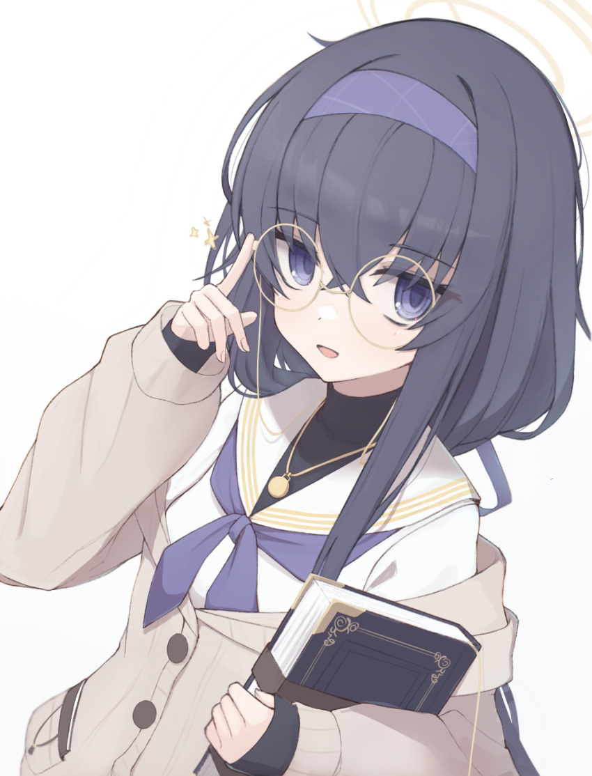 1girl adjusting_eyewear black_hair blue_archive book glasses hairband halo highres holding holding_book jewelry long_sleeves looking_at_viewer matchadzuke neckerchief necklace purple_hairband purple_neckerchief sailor_collar simple_background solo ui_(blue_archive) upper_body violet_eyes white_background white_sailor_collar