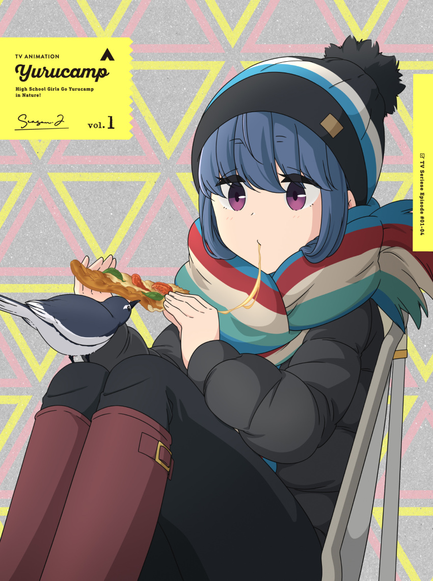 1girl bird dove eating food hat highres official_art pizza scarf shima_rin sitting tagme yurucamp