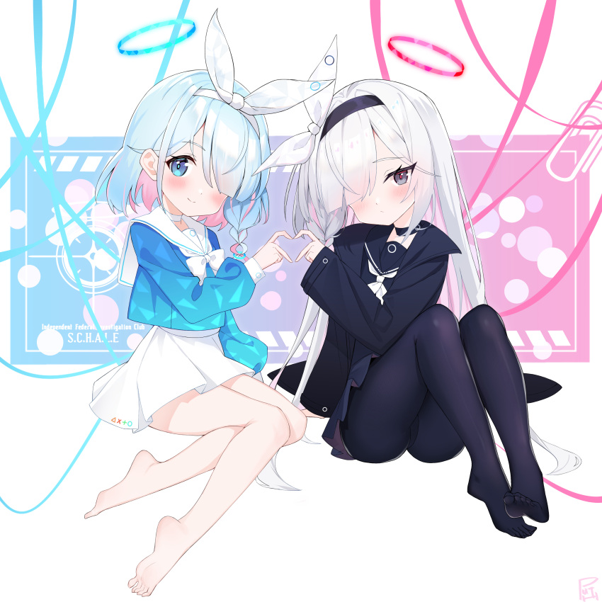 2girls absurdres arona_(blue_archive) barefoot black_coat black_hairband black_pantyhose black_sailor_collar black_serafuku black_skirt blue_archive blue_eyes blue_hair blue_halo blush closed_mouth coat colored_inner_hair grey_eyes grey_hair hair_over_one_eye hairband halo heart heart_hands heart_hands_duo highres long_hair long_sleeves looking_at_viewer multicolored_hair multiple_girls open_clothes open_coat pantyhose pink_hair plana_(blue_archive) pleated_skirt pu_ht red_halo sailor_collar school_uniform serafuku short_hair skirt smile soles toes white_sailor_collar white_skirt