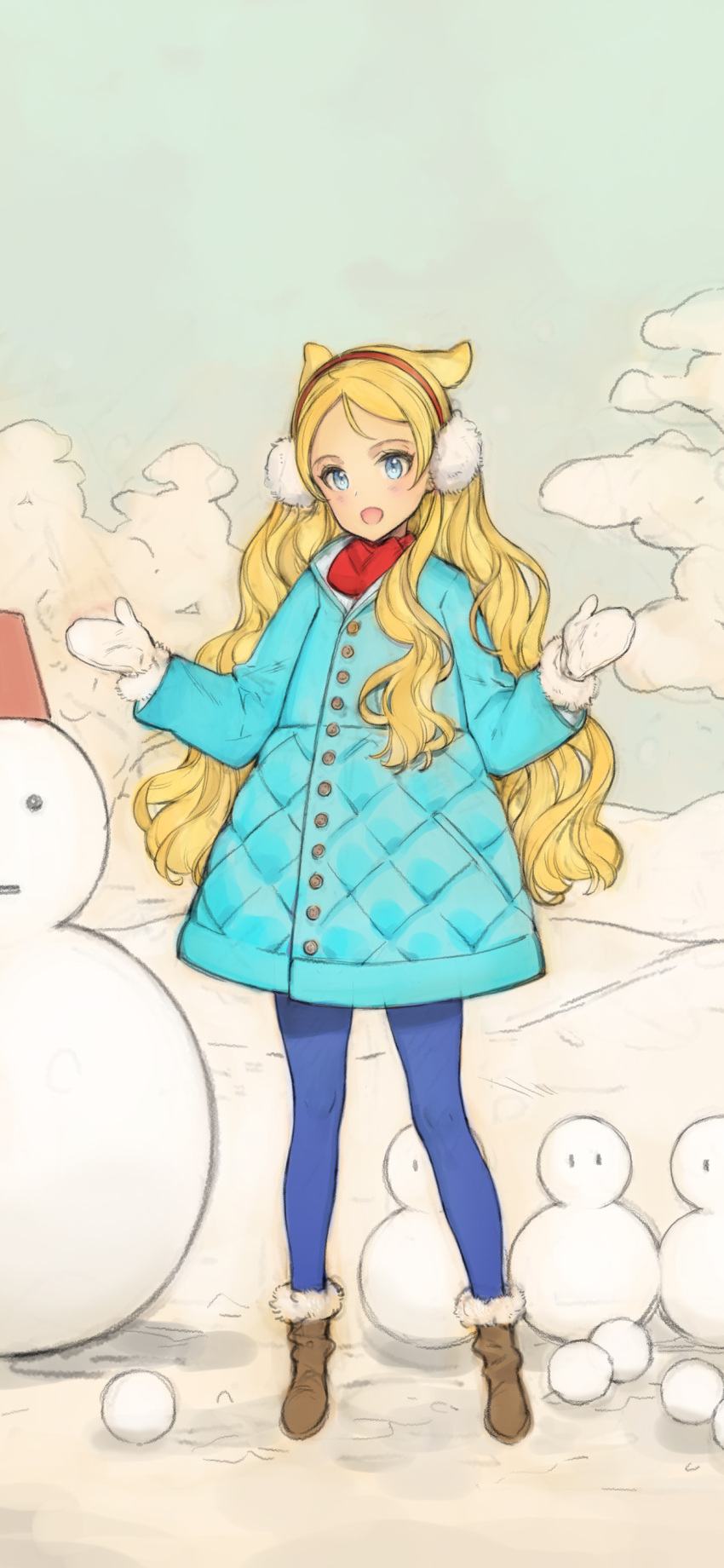 1girl absurdres blonde_hair blue_coat blue_eyes blue_pantyhose blush boots clouds coat commentary_request earmuffs fur-trimmed_footwear fur_trim highres ingrid_(seiken_no_faeries) long_hair mittens open_mouth outdoors oyari_ashito pantyhose red_scarf scarf seiken_no_faeries sketch sky smile snow snowman solo wavy_hair white_mittens
