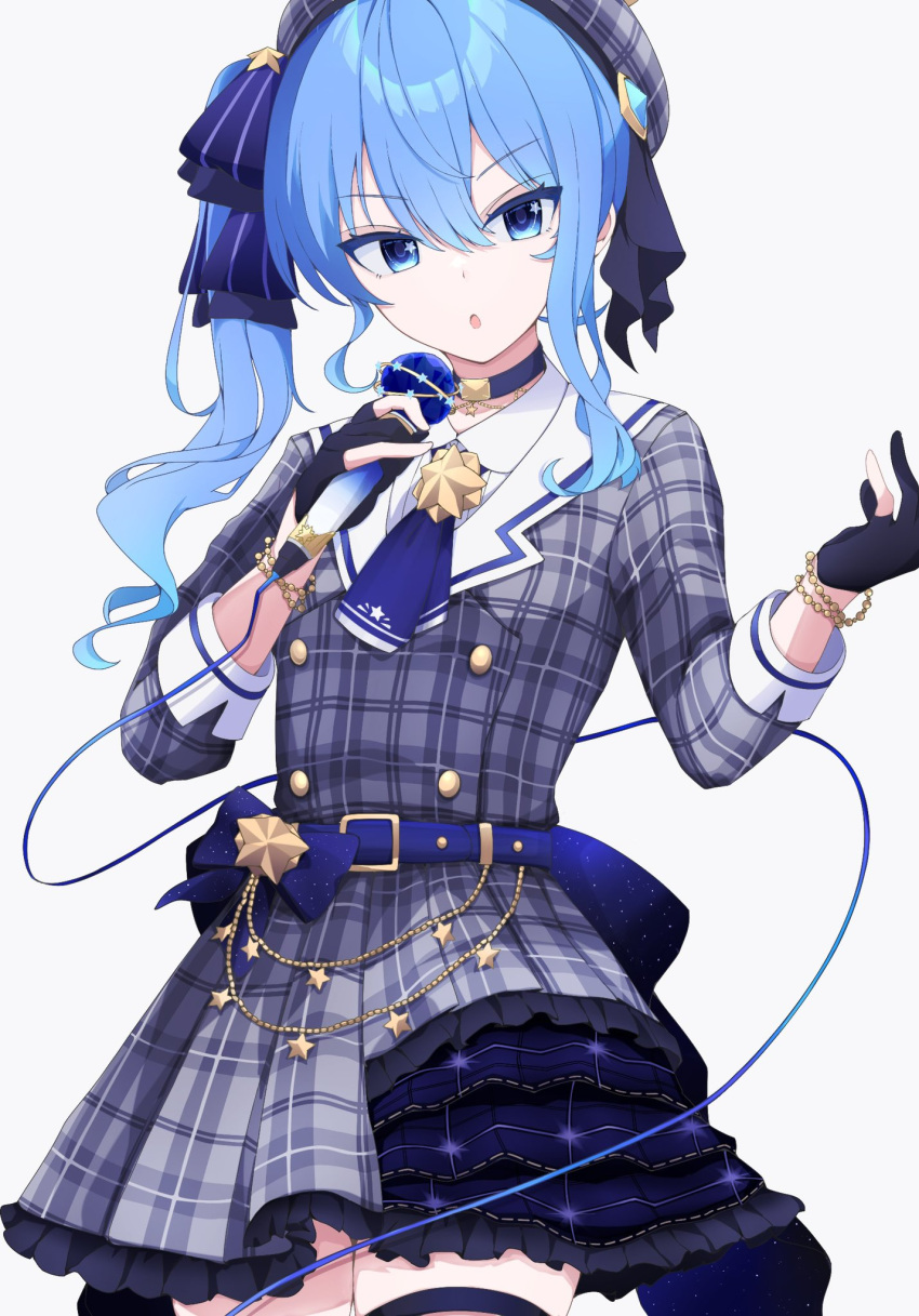 1girl :o ascot bead_bracelet beads belt beret black_gloves blue_ascot blue_belt blue_choker blue_eyes blue_hair blue_skirt bracelet buttons choker collared_shirt double-breasted frilled_skirt frills gloves grey_headwear grey_jacket grey_skirt hair_between_eyes hat highres holding holding_microphone hololive hoshimachi_suisei hoshimachi_suisei_(1st_costume) jacket jewelry layered_skirt long_hair long_sleeves looking_at_viewer microphone minkof_nn parted_lips partially_fingerless_gloves plaid plaid_headwear plaid_jacket plaid_skirt shirt side_ponytail sidelocks skirt sleeve_cuffs solo star_(symbol) star_in_eye symbol_in_eye upper_body v-shaped_eyebrows virtual_youtuber white_background white_shirt