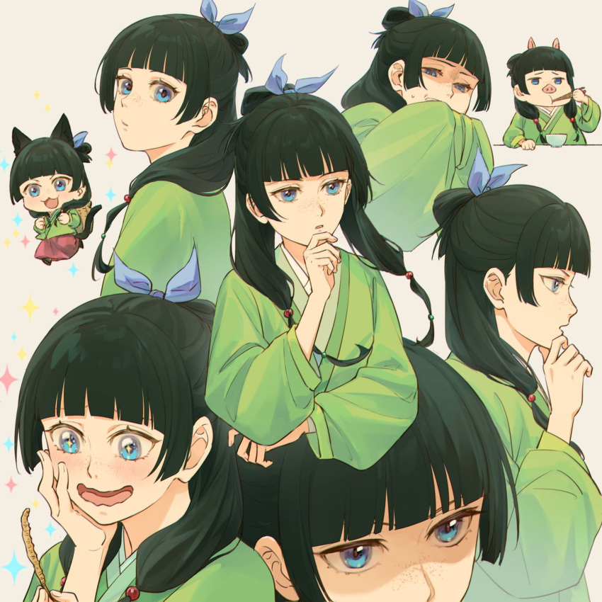 1girl :t animal_ears backpack_basket beads black_hair blue_bow blue_eyes blunt_bangs bow bowl cat_ears cat_girl cat_tail chibi chinese_clothes chopsticks closed_mouth cropped_torso excited extra_ears fat floating_hair folded_hair freckles hair_beads hair_bow hair_ornament hair_over_shoulder half_updo hand_on_own_chin hand_up hands_in_opposite_sleeves hanfu highres kemonomimi_mode kusuriya_no_hitorigoto long_hair long_sleeves looking_ahead looking_at_viewer looking_back looking_to_the_side machikokom43502 maomao_(kusuriya_no_hitorigoto) multiple_views open_mouth pig_ears pig_nose profile red_skirt scared sidelocks simple_background skirt sparkle stroking_own_chin tail thinking twintails walking wavy_mouth wide_sleeves