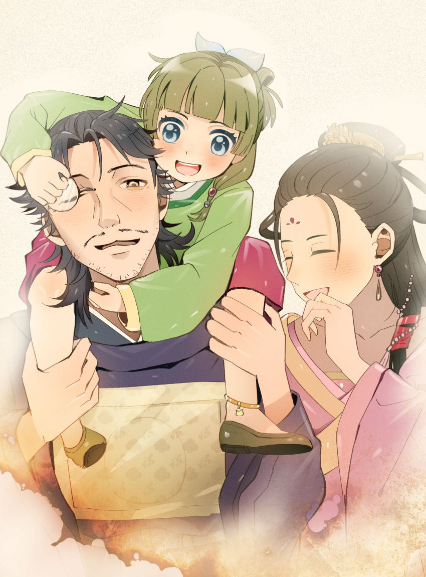 1boy 2girls aged_down alternate_universe anklet arm_around_neck beads black_hair blue_eyes blunt_bangs brown_hair burnt carrying child chinese_clothes dao201343237689 earrings facial_hair facial_mark family father_and_daughter fengxian_(kusuriya_no_hitorigoto) flats forehead_mark hair_over_shoulder hair_pulled_back hand_up hands_up hanfu happy highres jewelry kusuriya_no_hitorigoto lakan_(kusuriya_no_hitorigoto) maomao_(kusuriya_no_hitorigoto) monocle mother_and_daughter multiple_girls mustache pink_robe pink_skirt robe shoulder_carry simple_background skirt spoilers stubble upper_body yellow_eyes