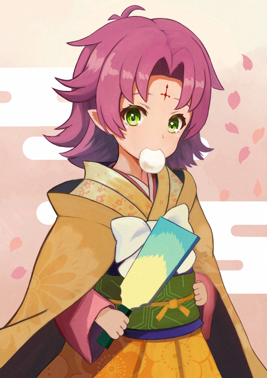 1girl alternate_costume bow commentary_request facial_mark fae_(fire_emblem) falling_petals fire_emblem fire_emblem:_the_binding_blade food_in_mouth forehead_mark gradient_background green_eyes highres japanese_clothes kimono labebebe_lee medium_hair petals pink_background purple_hair solo white_bow