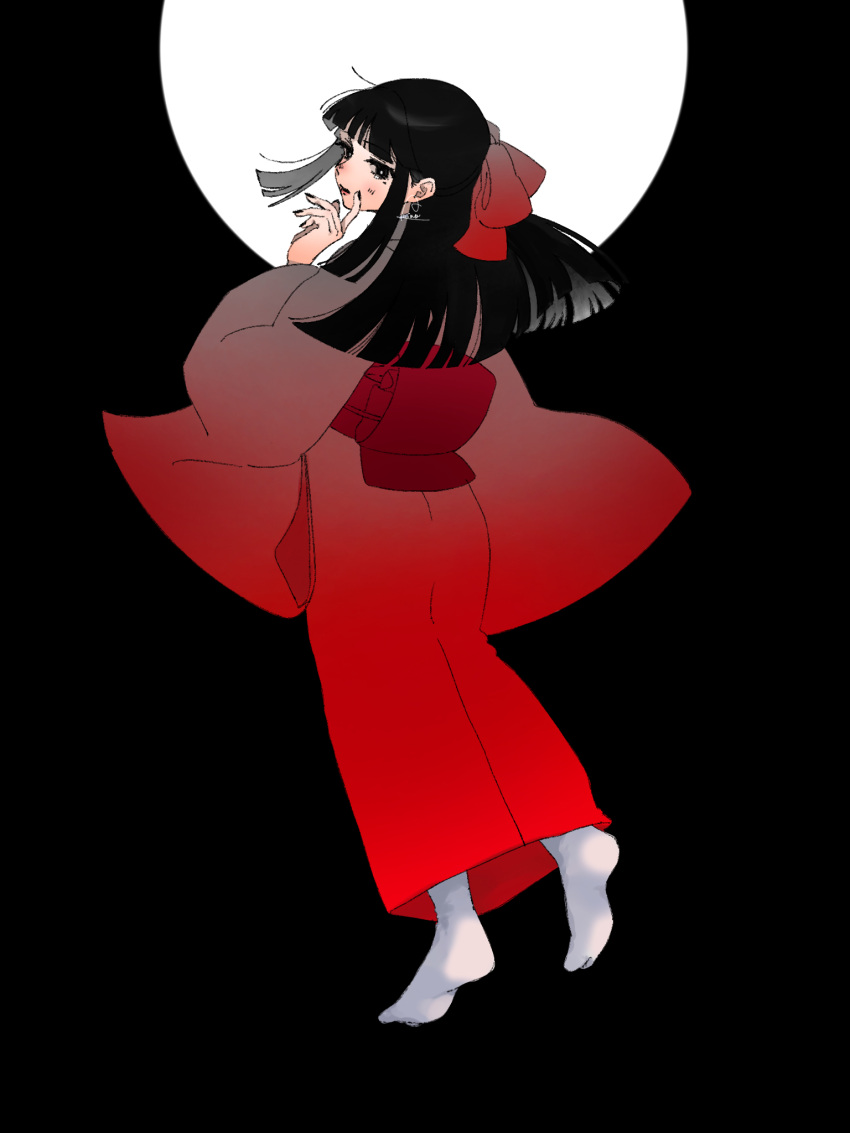1girl amino_(amino_333) black_background black_eyes black_hair black_nails blunt_bangs blunt_ends blush bow bright_pupils circle commentary_request floating_hair from_behind full_body gegege_no_kitarou gradient_kimono hair_bow highres hime_cut index_finger_raised japanese_clothes kimono kitarou_tanjou:_gegege_no_nazo looking_at_viewer looking_back obi parted_lips red_bow red_kimono ryuuga_sayo sash sidelocks signature simple_background socks solo tabi tearing_up white_pupils white_socks