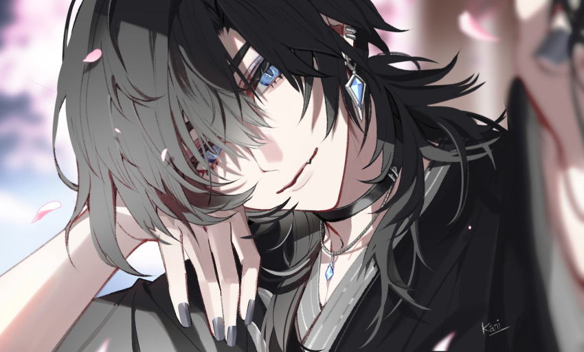 1boy black_choker black_hair black_kimono black_nails blue_eyes blue_gemstone blurry cherry_blossoms choker closed_mouth commentary depth_of_field ear_piercing earrings english_commentary eyeshadow falling_petals fang gem grey_eyeshadow hair_over_one_eye head_rest head_tilt highres indie_utaite japanese_clothes jewelry kanishiima kimono looking_at_viewer makeup male_focus medium_hair nail_polish necklace official_alternate_costume petal_on_head petals piercing reaching reaching_towards_viewer signature solo unnamed_(utaite) utaite