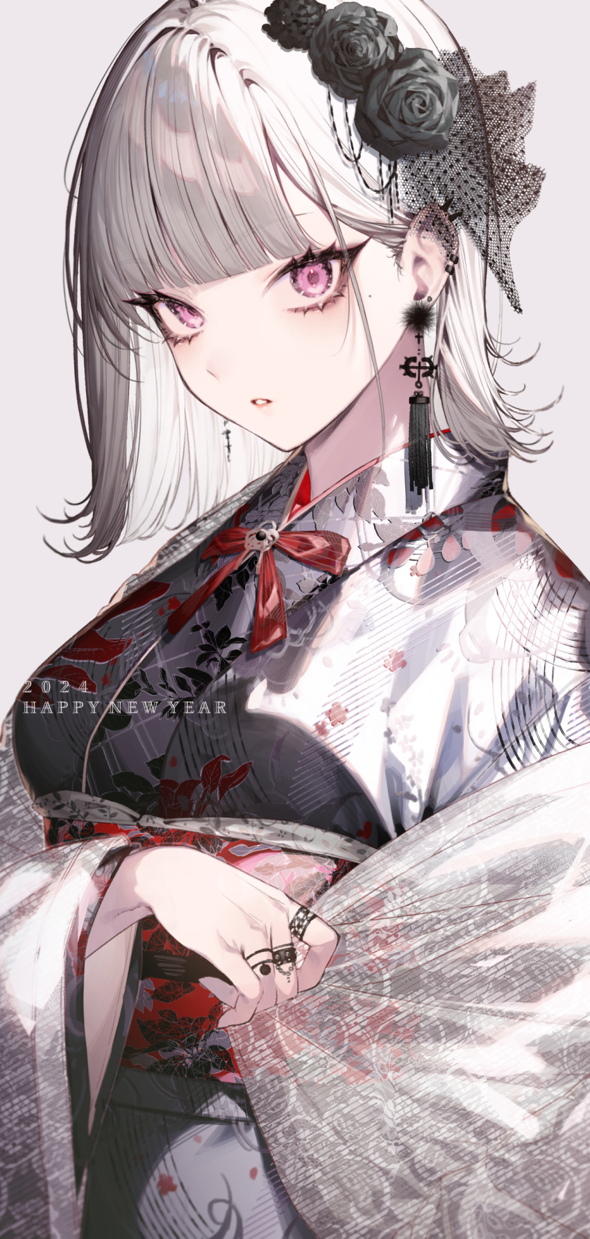 1girl 2024 absurdres black_flower black_rose breasts ear_piercing earrings floral_print flower grey_kimono hair_flower hair_ornament happy_new_year highres japanese_clothes jewelry kayahara kimono looking_at_viewer medium_hair mole new_year obi original parted_lips piercing ring rose sash simple_background solo upper_body violet_eyes white_hair