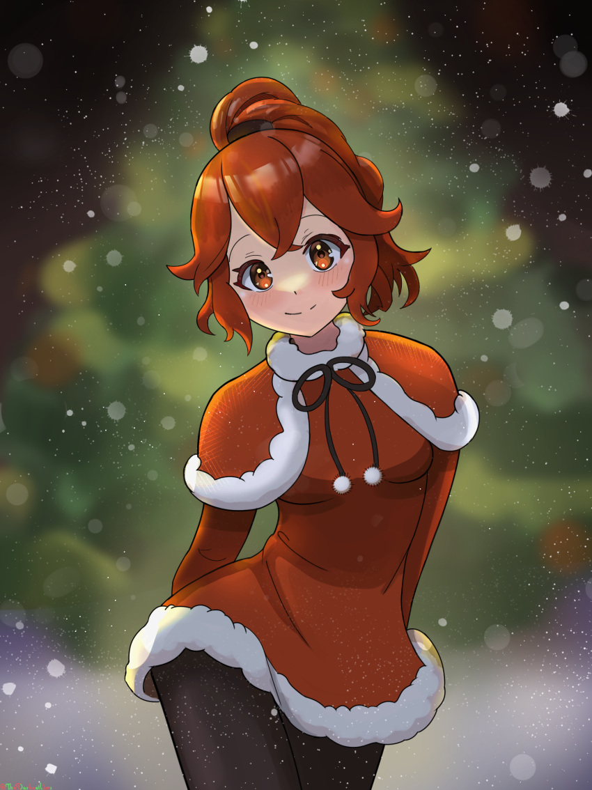 1girl anna_(fire_emblem) black_pants capelet christmas closed_mouth crossed_bangs dress fire_emblem fire_emblem_engage highres long_sleeves looking_at_viewer pants ponytail red_capelet red_dress red_eyes redhead santa_dress smile solo thedarkestuno