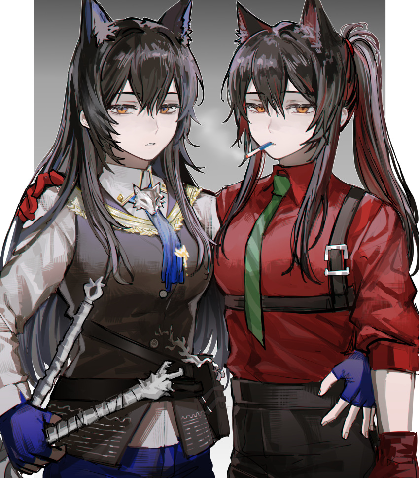 2girls absurdres alternate_costume animal_ears arknights black_hair black_pants black_vest blue_gloves blue_necktie border chinese_commentary cigarette collared_shirt commentary_request dual_persona fingerless_gloves gloves gradient_background green_necktie grey_background half-closed_eyes hand_on_another's_hip hand_on_another's_shoulder harness highres jsjdndhidnshssj long_hair long_sleeves multicolored_hair multiple_girls necktie pants ponytail red_shirt redhead shirt sidelocks streaked_hair tail texas_(arknights) texas_(willpower)_(arknights) texas_the_omertosa_(arknights) upper_body vest white_shirt wolf_ears wolf_girl wolf_tail yellow_eyes