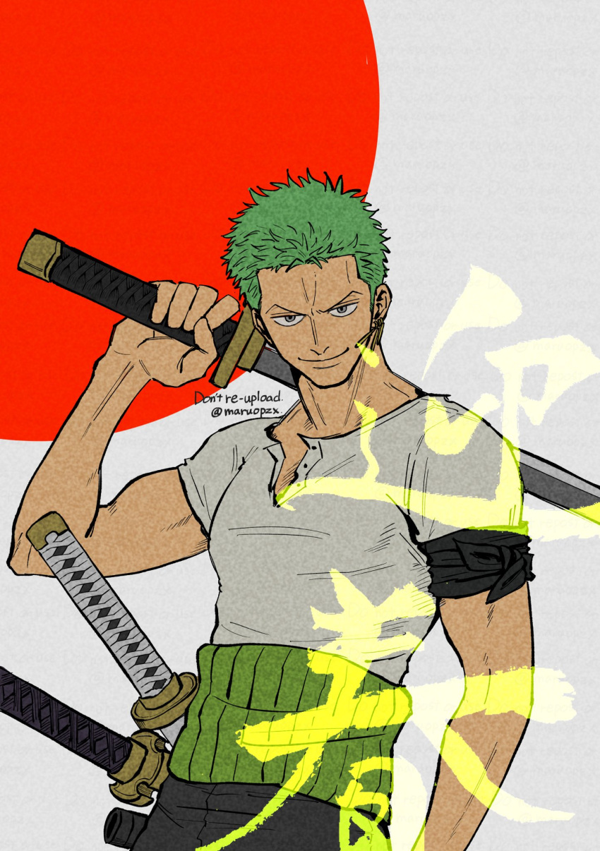 1boy armband black_armband black_pants buttons cowboy_shot earrings english_commentary green_hair grey_eyes haramaki head_tilt highres holding holding_sword holding_weapon japanese_flag jewelry kanji_focus looking_at_viewer male_focus maruopzx multiple_weapons one_piece over_shoulder pants roronoa_zoro sheath sheathed shirt short_hair short_sleeves single_earring smile solo_focus standing sword sword_over_shoulder tan toned toned_male twitter_username weapon weapon_over_shoulder white_shirt