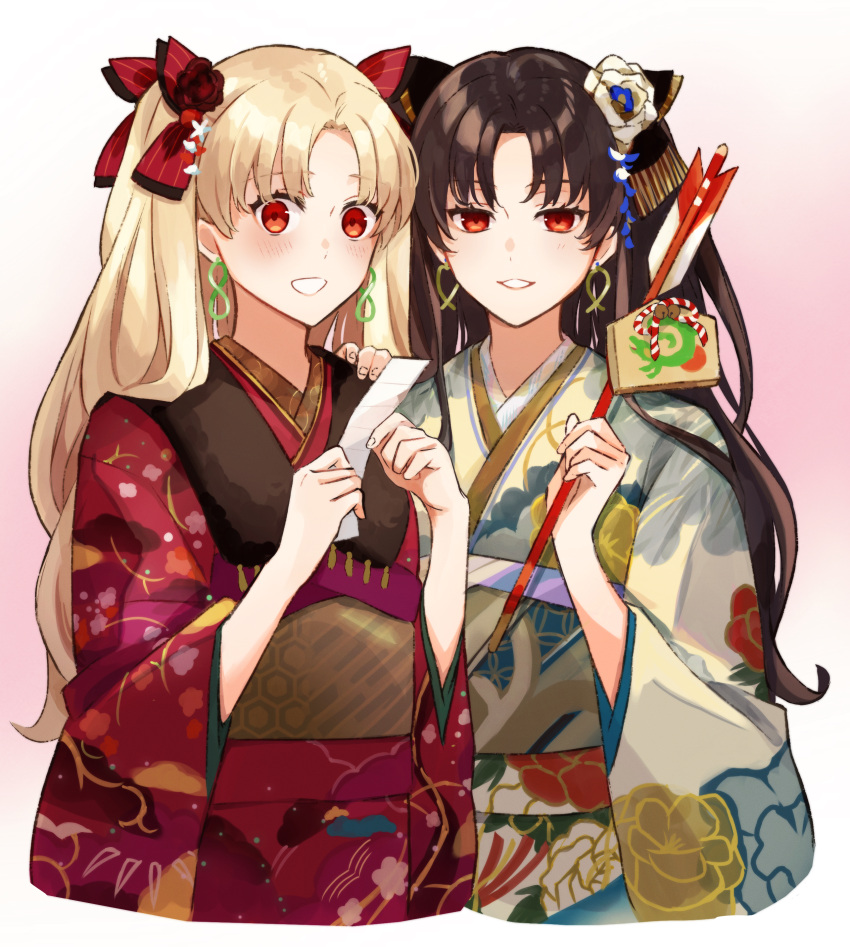 2girls absurdres arrow_(projectile) black_hair black_ribbon blonde_hair bow ereshkigal_(fate) fate/grand_order fate_(series) floral_print floral_print_kimono flower gradient_background hair_bow hair_flower hair_ornament hamaya hand_on_another's_shoulder highres infinity_symbol ishtar_(fate) japanese_clothes jewelry kimono long_hair looking_at_viewer multiple_girls nakanohiro new_year omikuji parted_lips print_kimono red_bow red_eyes red_kimono ribbon simple_background smile two_side_up upper_body white_kimono wide_sleeves