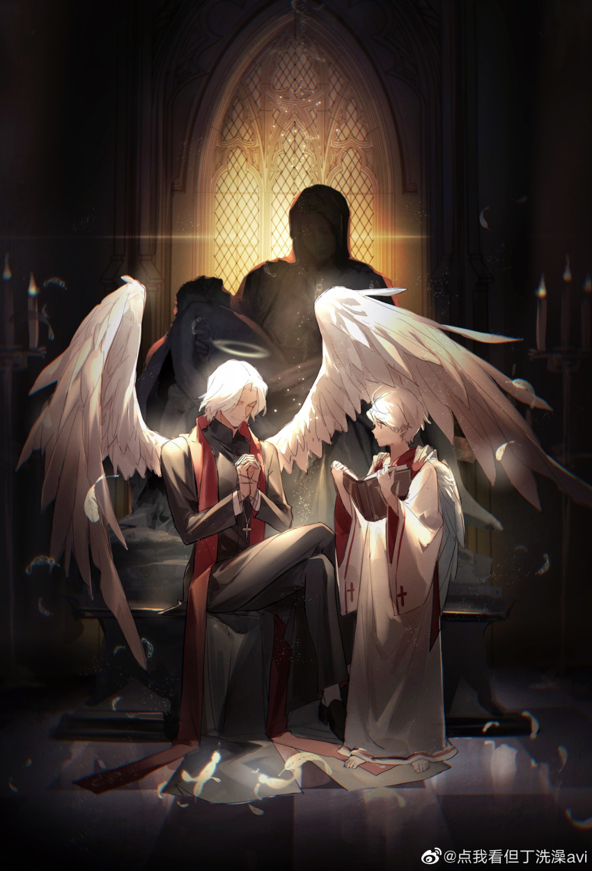 2boys absurdres aged_down architecture bible_(object) black_robe blue_eyes cassock church clerical_collar cross cross_necklace devil_may_cry_(series) gothic_architecture highres holding holding_cross jewelry long_hair long_sleeves male_focus multiple_boys necklace nero_(devil_may_cry) priest robe smile weibo_7054093389 white_hair
