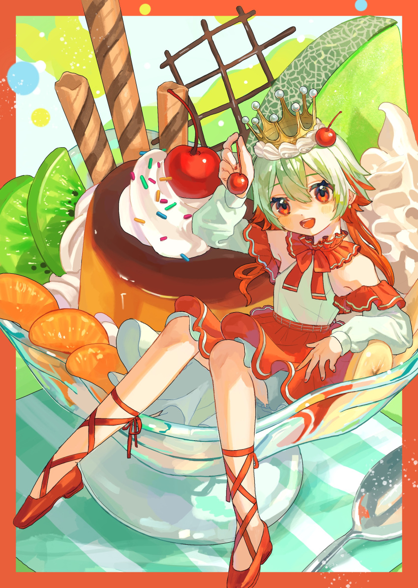 1girl absurdres ankle_lace-up bare_shoulders border cherry chocolate clothing_cutout commentary cross-laced_footwear crown dress flat_chest food food-themed_hat food_on_head frilled_shirt_collar frills fruit fruit_on_head full_body green_hair hair_between_eyes hand_up highres holding holding_food holding_fruit in_food kiwi_(fruit) kiwi_slice long_hair long_sleeves looking_at_viewer melon melon_slice mini_person minigirl multicolored_hair nagomi_(_nagomi_) nail_polish neck_ribbon object_on_head open_mouth orange_(fruit) orange_border orange_eyes orange_footwear orange_hair orange_nails orange_ribbon orange_slice original outside_border pudding pudding_a_la_mode ribbon short_dress shoulder_cutout sitting smile solo sprinkles two-tone_hair wafer_stick whipped_cream
