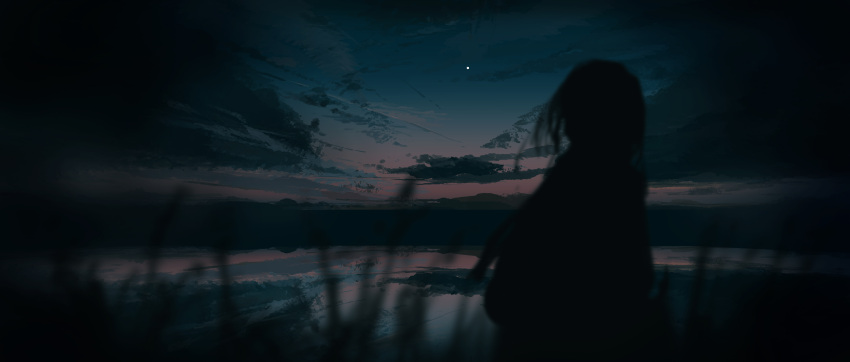 1girl absurdres blurry blurry_foreground clouds cloudy_sky dark dark_background dusk gracile gradient_sky highres horizon landscape medium_hair moon original outdoors pond reeds reflection scenery silhouette sky solo standing upper_body water