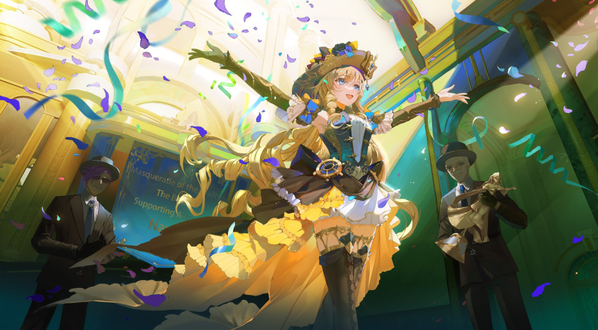1girl 2boys :d black_gloves black_headwear black_sleeves black_suit black_thighhighs blonde_hair blue_eyes chinese_commentary commentary_request confetti detached_sleeves dress drill_hair feet_out_of_frame floating_hair flower genshin_impact glasses gloves hat hat_flower hat_ornament highres holding_trophy long_hair looking_ahead melus_(genshin_impact) minty0 multiple_boys navia_(genshin_impact) open_mouth outstretched_arms showgirl_skirt silver_(genshin_impact) single_glove smile strapless strapless_dress suit thigh-highs