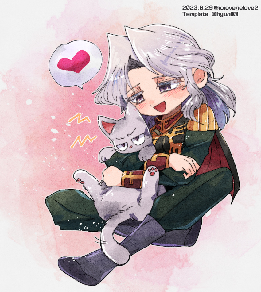 1boy :d anavel_gato animal blush boots cape cat commentary dated epaulettes full_body green_cape green_jacket green_pants grey_cat grey_footwear grey_hair gundam gundam_0083 heart high_collar highres holding holding_animal holding_cat indian_style ing'yeo_soyeo jacket long_hair long_sleeves male_focus medium_hair military_uniform open_mouth pants pink_background simple_background sitting smile solo speech_bubble spoken_heart symbol-only_commentary uniform violet_eyes watercolor_background white_background