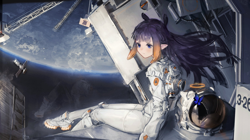 1girl absurdres astronaut blue_butterfly blue_eyes bodysuit bug butterfly closed_mouth commentary crack cracked_glass earth_(planet) english_commentary floating_hair gradient_hair greedice halo helmet highres hololive hololive_english in_orbit light_blush long_hair multicolored_hair ninomae_ina'nis orange_hair planet purple_hair reflection satellite sidelocks sitting solo space space_helmet spacecraft_interior spacesuit takodachi_(ninomae_ina'nis) tentacle_hair virtual_youtuber white_bodysuit white_footwear yellow_halo zero_gravity