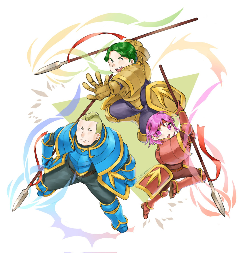 1girl 2boys armor barthe_(fire_emblem) blue_armor bors_(fire_emblem) brother_and_sister fire_emblem fire_emblem:_the_binding_blade gwendolyn_(fire_emblem) highres holding holding_polearm holding_weapon looking_at_viewer multiple_boys open_mouth pink_eyes pink_hair polearm red_armor short_hair siblings tsukimura_(d24f4z8j3t) weapon