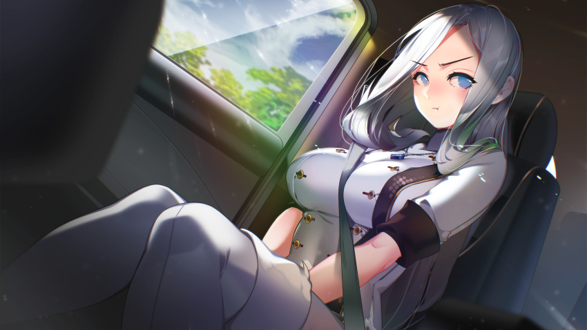 1girl blue_eyes blue_sky blush boots breasts car_interior closed_mouth clouds day dutch_angle feet_out_of_frame game_cg hair_over_shoulder highres impossible_clothes knees_together_feet_apart large_breasts legs light_blush light_particles long_hair looking_at_viewer military_uniform miracle_snack_shop non-web_source nose_blush official_art pantyhose philia_salis pout seatbelt shaded_face shadow short_sleeves sitting sky sunlight talesshop thigh_boots tree turtleneck ukero uniform v-shaped_eyebrows white_footwear white_hair