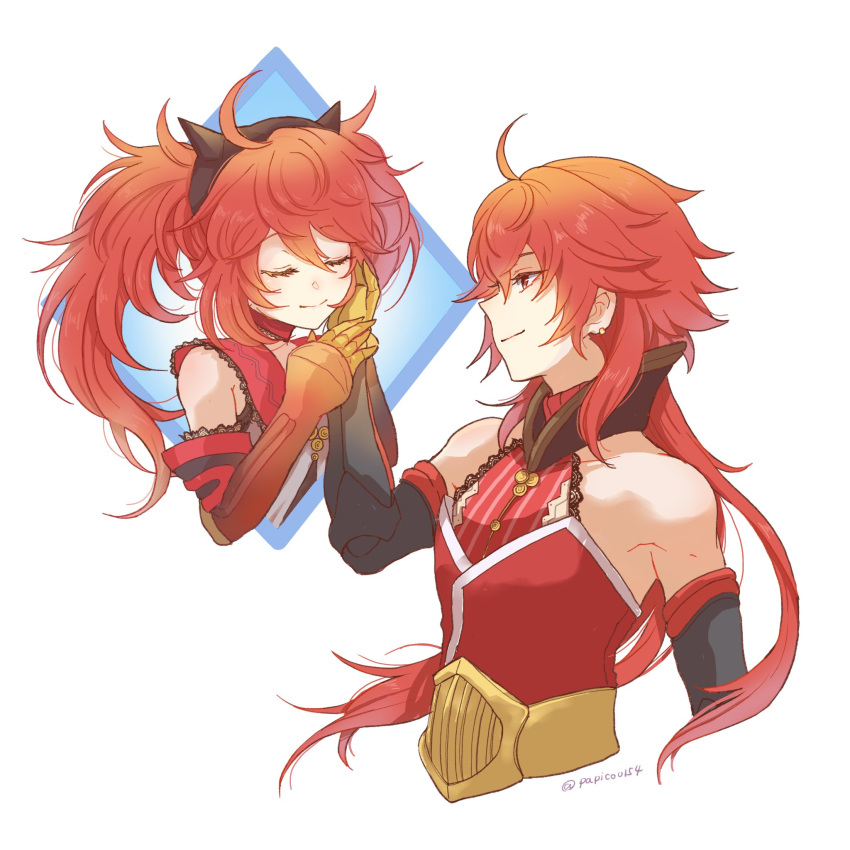 1boy 1girl closed_eyes closed_mouth couple cropped_torso detached_sleeves fake_horns fate/grand_order fate/grand_order_arcade fate_(series) gloves hand_on_another's_face hetero highres holding_another's_wrist horns husband_and_wife long_hair looking_at_another messy_hair orange_eyes orange_hair papico0154 rama_(fate) simple_background sita_(fate) smile twintails upper_body white_background yellow_gloves