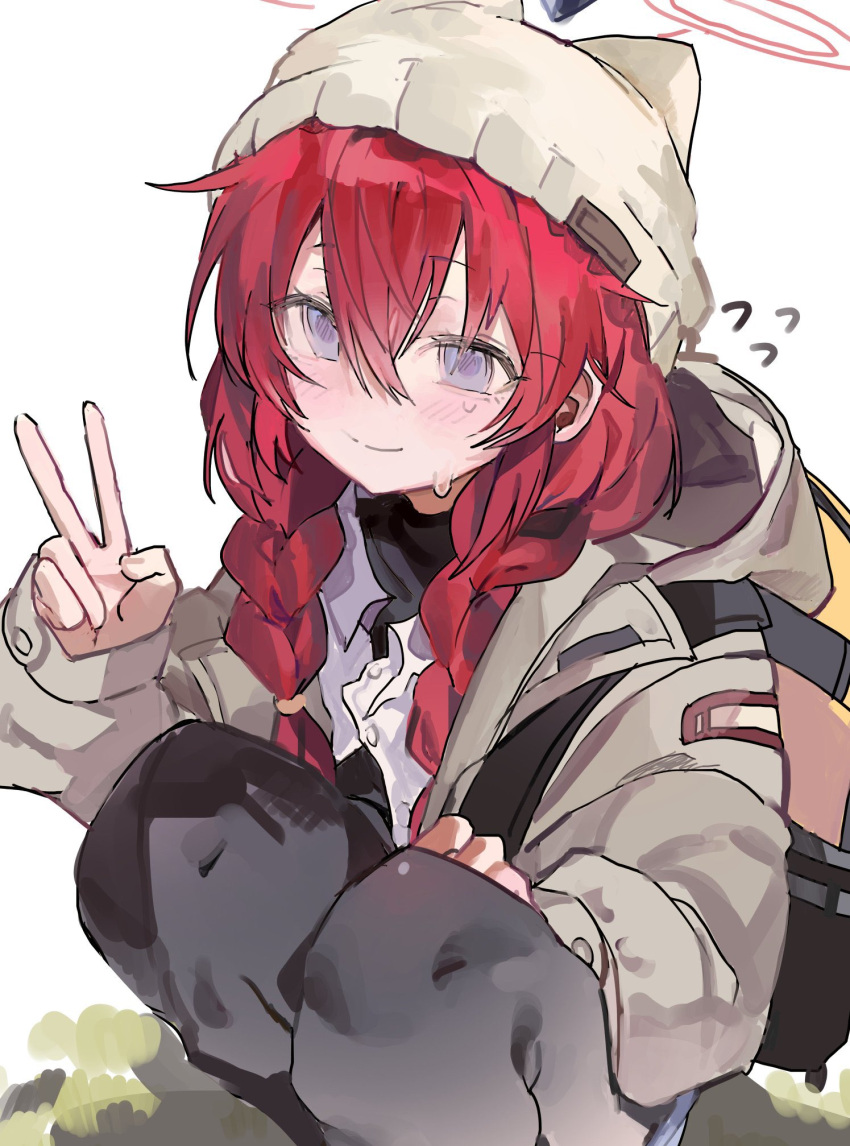 1girl backpack bag black_pantyhose blue_archive blue_eyes blush braid closed_mouth flying_sweatdrops hair_between_eyes halo hat highres hood hood_down hooded_jacket jacket long_hair long_sleeves maki_(blue_archive) maki_(camp)_(blue_archive) open_clothes open_jacket pantyhose qqkkay redhead simple_background solo squatting sweat twin_braids v white_background white_headwear