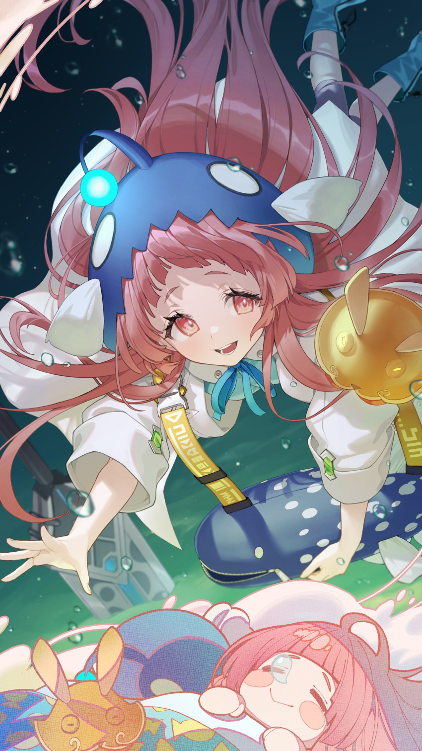 2girls absurdres anglerfish_costume animal_bag bag blue_footwear blue_ribbon boots chibi closed_eyes closed_mouth fish_hat heaven_burns_red highres holding holding_bag jacket long_hair long_sleeves looking_at_viewer mizuhara_aina multiple_girls neck_ribbon open_mouth pink_eyes pink_hair ribbon rin31153336 rubber_boots second-party_source sleeping umbrella_octopus underwater upper_body white_jacket
