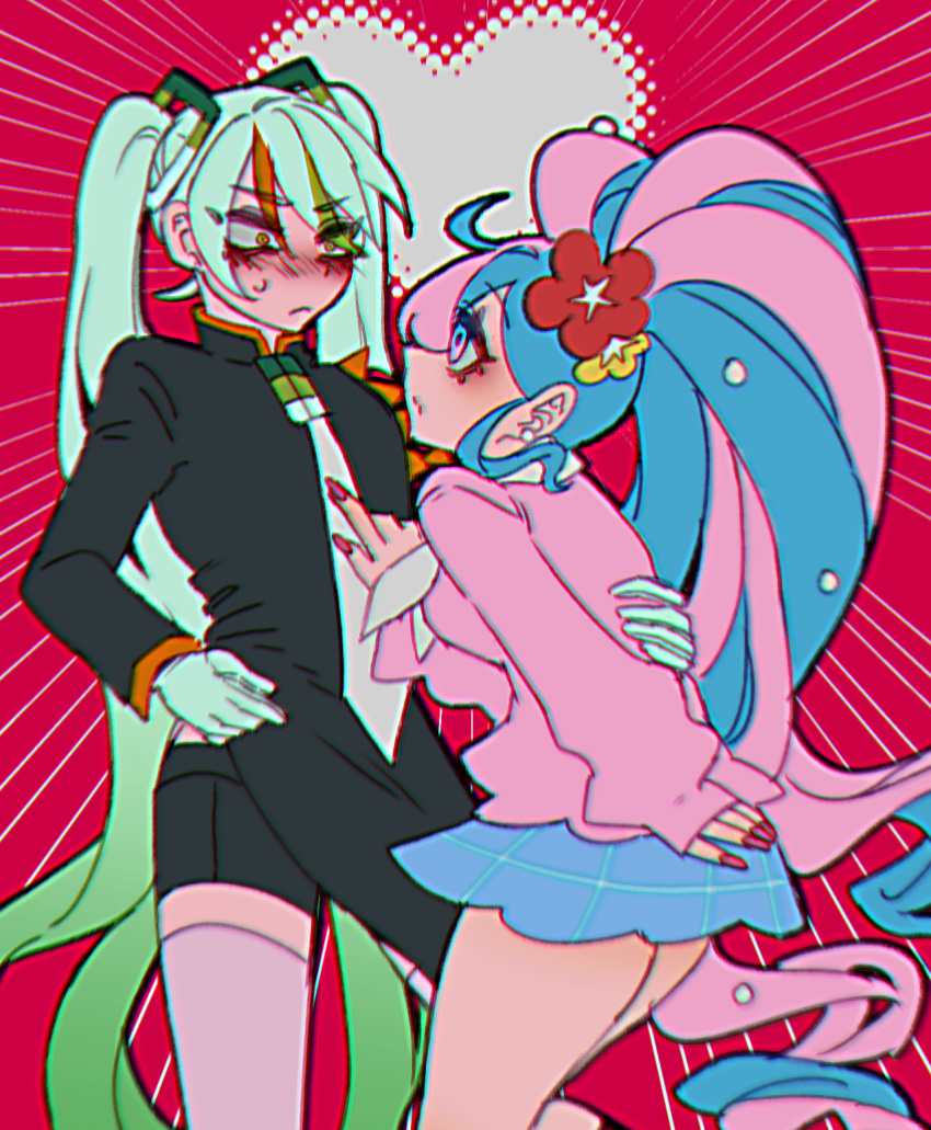 2girls black_shirt black_shorts blue_eyes blue_hair blue_skirt blush closed_mouth commentary_request constricted_pupils cowboy_shot fairy_miku_(project_voltage) fighting_miku_(project_voltage) fingernails frown gloves grey_gloves grey_hair grey_thighhighs hair_between_eyes hatsune_miku heart heart_background highres long_bangs long_hair looking_at_another multicolored_hair multiple_girls necktie nose_blush open_mouth pink_hair pink_nails pokemon project_voltage red_background s2_(stwo) shirt shorts skirt thigh-highs twintails vocaloid white_necktie yellow_eyes