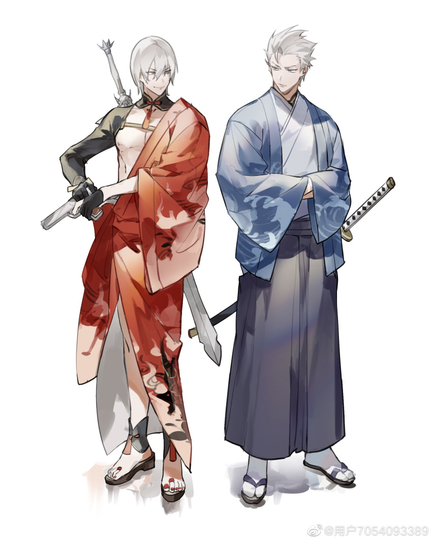 2boys absurdres bishounen blue_eyes brothers dante_(devil_may_cry) devil_may_cry_(series) devil_may_cry_3 ebony_&amp;_ivory fingerless_gloves fundoshi gloves gun hair_between_eyes hair_slicked_back highres holding ink_(303682546) japanese_clothes kimono looking_at_another male_focus multiple_boys nail_polish pale_skin rebellion_(sword) red_nails siblings smile twins vergil_(devil_may_cry) weapon weibo_7054093389 white_hair yamato_(sword) yukata