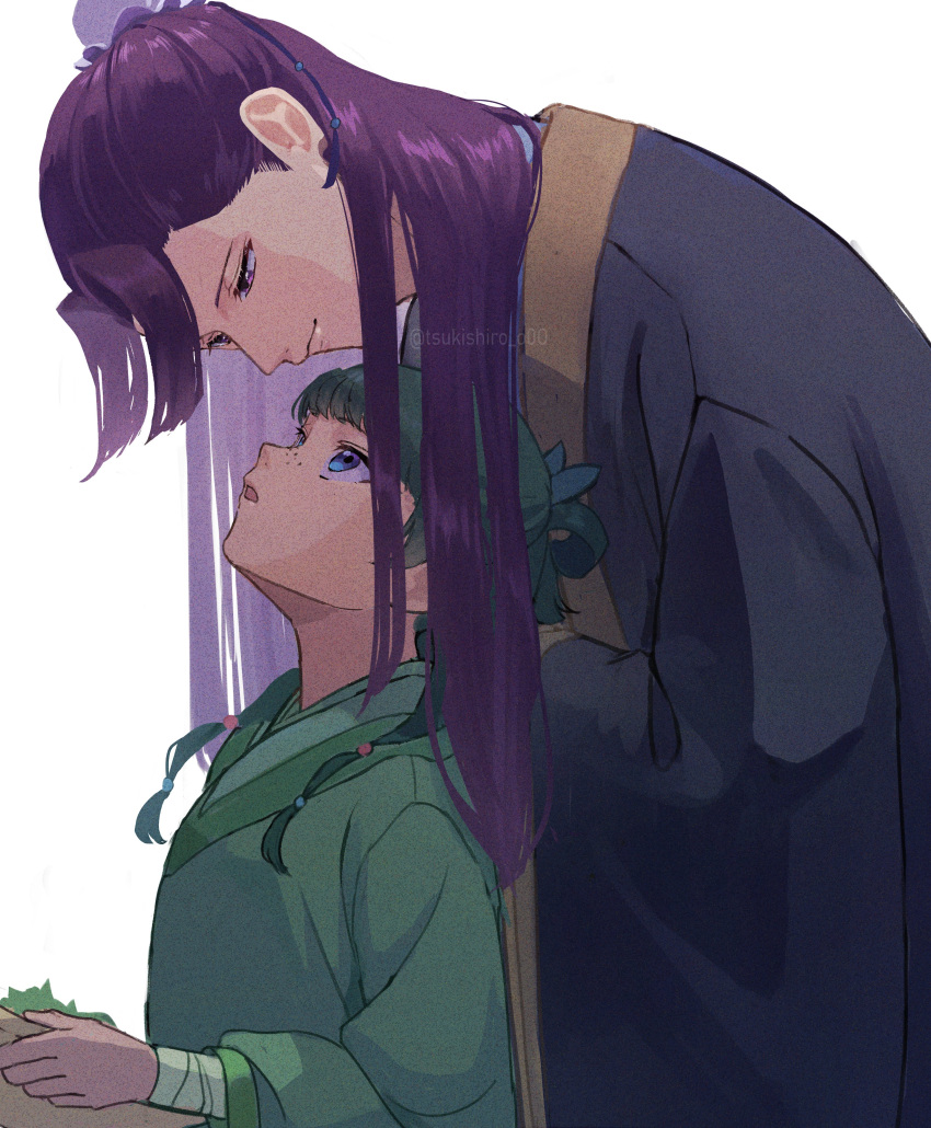 1boy 1girl absurdres bandaged_arm bandages basket blue_eyes blunt_bangs bun_cover chinese_clothes closed_eyes eye_contact eyelashes freckles from_side green_hair hair_bun hair_flowing_over hair_over_shoulder hair_rings half_updo hanfu height_difference highres holding holding_basket jinshi_(kusuriya_no_hitorigoto) kusuriya_no_hitorigoto long_hair long_sleeves looking_at_another looking_down looking_up maomao_(kusuriya_no_hitorigoto) profile purple_hair simple_background single_hair_bun smile straight_hair tsukishiro_o0o twintails twitter_username upper_body violet_eyes white_background wide_sleeves