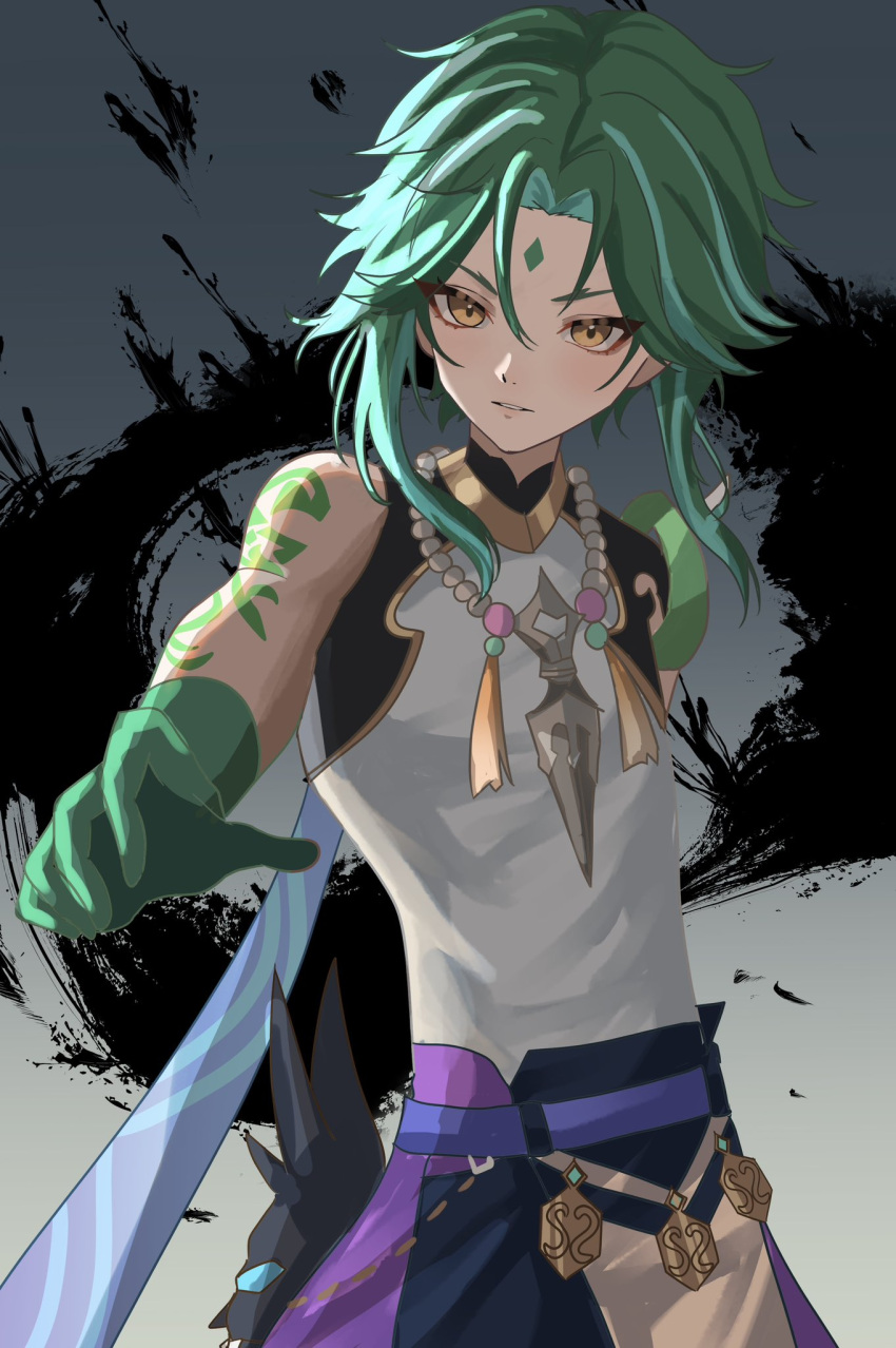 1boy arm_tattoo bead_necklace beads diamond_(shape) eyeliner eyeshadow facial_mark forehead_mark genshin_impact gloves green_gloves green_hair highres jewelry looking_at_viewer makeup male_focus mask multicolored_hair nece6556 necklace parted_bangs parted_lips pendant reaching reaching_towards_viewer red_eyeliner red_eyeshadow short_hair_with_long_locks shoulder_spikes solo spikes streaked_hair tassel tattoo unworn_mask xiao_(genshin_impact) yellow_eyes