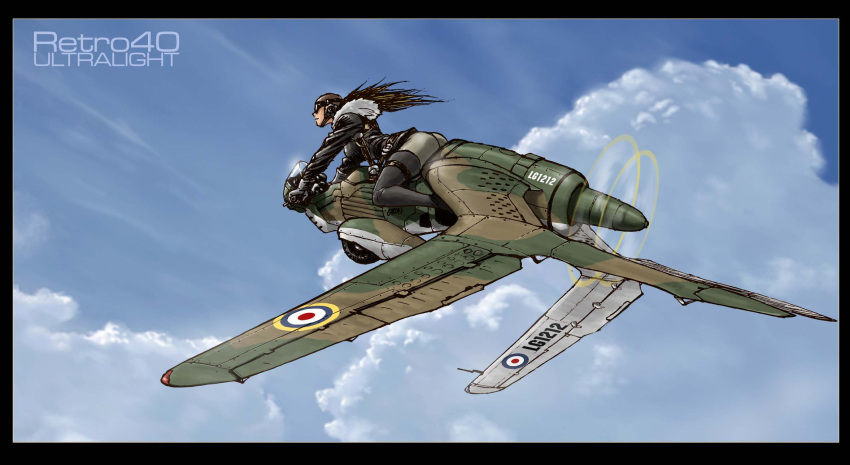 1girl aircraft airplane aviator_cap black_footwear black_hair black_jacket blue_sky boots camouflage chest_harness clouds cloudy_sky dieselpunk fur_collar goggles goggles_on_head grey_pants harness highres jacket long_hair military_vehicle motor_vehicle motorcycle original pants pilot pilot_suit piloting roundel royal_air_force s2ka science_fiction sky solo thigh_boots vehicle_focus wheel world_war_ii