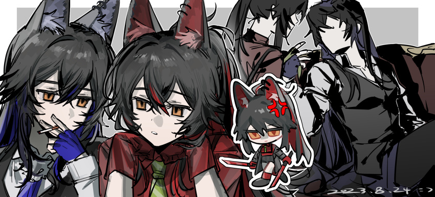 2girls anger_vein animal_ear_fluff animal_ear_piercing animal_ears arknights black_coat black_footwear black_shorts black_vest blue_gloves blue_necktie border chibi chibi_inset cigarette coat collared_shirt commentary couch dated dual_persona dual_wielding faceless faceless_female facing_away fingerless_gloves gloves grey_background harness highres holding holding_sword holding_weapon jsjdndhidnshssj long_hair long_sleeves looking_at_another multiple_girls necktie red_shirt shirt short_sleeves shorts simple_background smoking sword texas_(arknights) texas_(willpower)_(arknights) texas_the_omertosa_(arknights) vest weapon white_shirt wolf_ears wolf_girl yellow_eyes