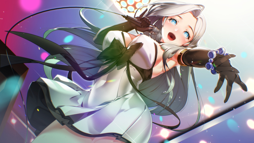 1girl arm_up armlet armpits bead_bracelet beads black_collar black_gloves black_ribbon blue_eyes blush bracelet breasts collar covered_navel dress dutch_angle elbow_gloves floating_hair from_below game_cg gloves hair_over_shoulder happy highres holding holding_microphone jewelry karaoke large_breasts light_blush long_hair looking_ahead microphone miracle_snack_shop non-web_source nose_blush official_art open_mouth parted_bangs philia_salis ribbon sidelocks standing steam sweat talesshop thighs ukero very_long_hair white_dress white_hair