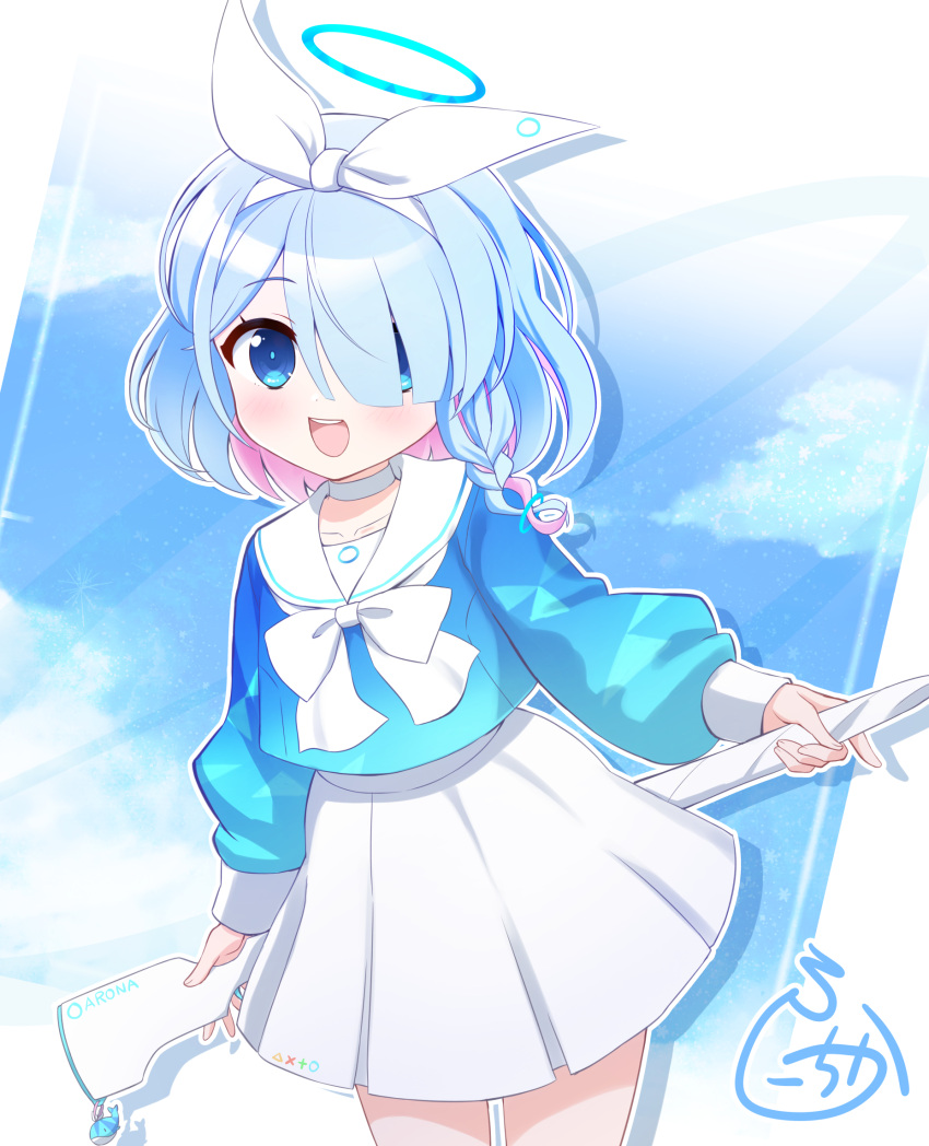 1girl :d arona_(blue_archive) blue_archive blue_eyes blue_hair blue_shirt blue_sky bow braid character_name choker clouds collarbone commentary_request hair_over_one_eye hair_ribbon hairband halo highres long_sleeves looking_at_viewer multicolored_hair nichika_(nitikapo) pink_hair pleated_skirt puffy_long_sleeves puffy_sleeves ribbon sailor_collar school_uniform serafuku shirt signature single_braid skirt sky sleeves_past_wrists smile solo two-tone_hair white_bow white_choker white_hairband white_ribbon white_sailor_collar white_skirt