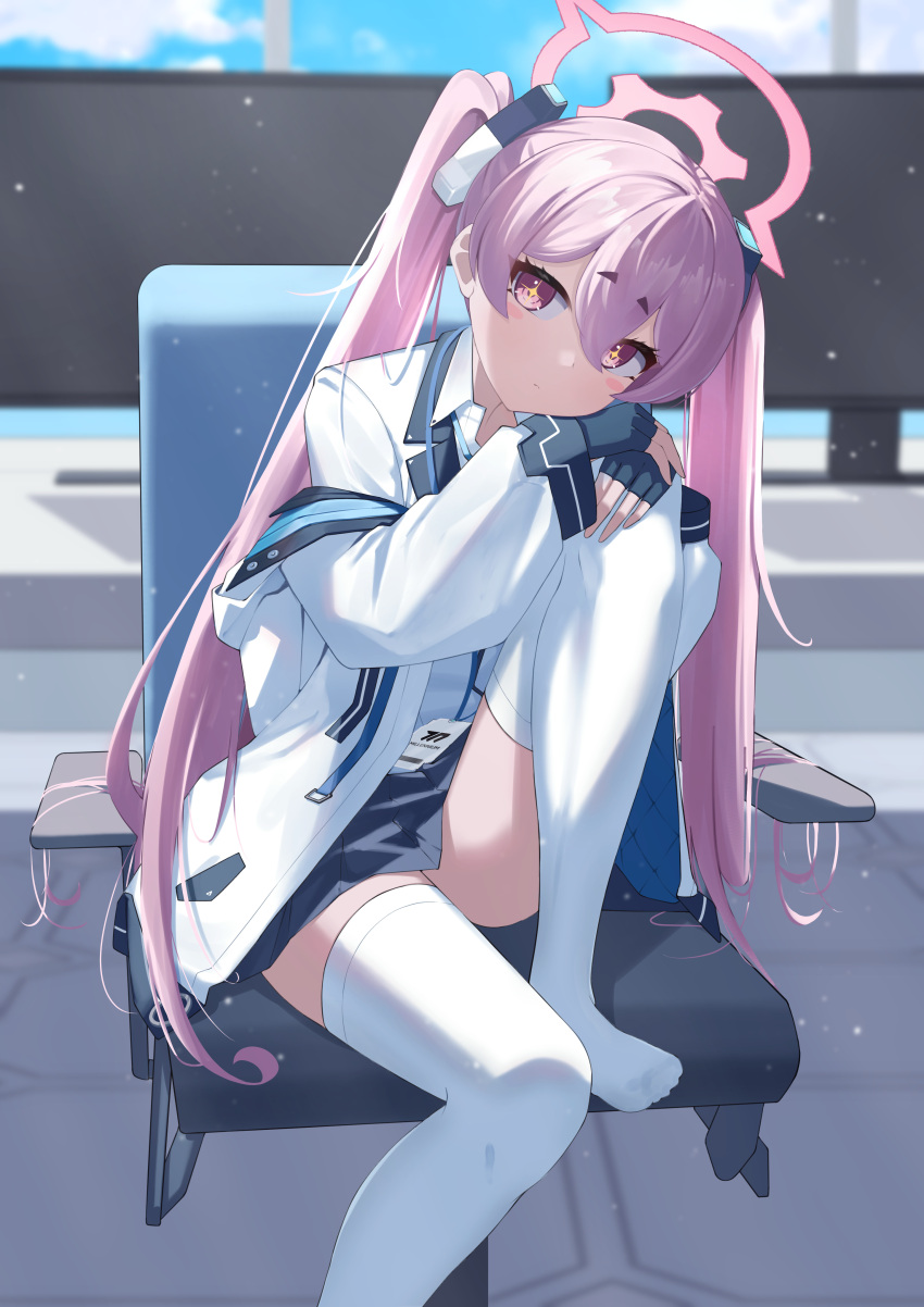 1girl absurdres ass black_gloves blue_archive blush_stickers chair closed_mouth fingerless_gloves fukujin gloves halo highres jacket koyuki_(blue_archive) long_hair long_sleeves looking_at_viewer monitor pink_eyes pink_hair pink_halo sitting solo thigh-highs twintails two-sided_fabric two-sided_jacket white_jacket white_thighhighs