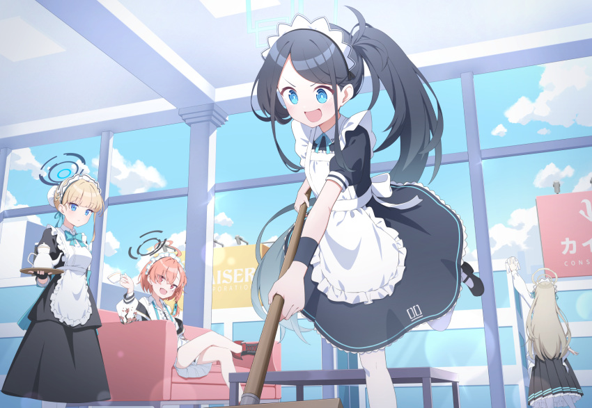 4girls absurdly_long_hair akane_(blue_archive) aris_(blue_archive) aris_(maid)_(blue_archive) black_dress black_hair blonde_hair blue_archive blue_eyes blue_halo blush braid bun_cover closed_mouth dress gloves hair_bun halo highres holding holding_mop holding_tray indoors light_brown_hair long_hair long_sleeves maid maid_headdress mole mole_under_eye mop multiple_girls neru_(blue_archive) official_alternate_costume open_mouth pantyhose ponytail puffy_short_sleeves puffy_sleeves quarterlift red_eyes redhead ringed_eyes short_hair short_sleeves single_braid single_hair_bun smile toki_(blue_archive) tray very_long_hair white_dress white_gloves white_pantyhose