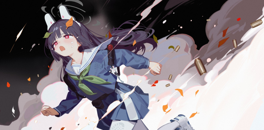 1girl animal_ears autumn_leaves black_hair blue_archive blue_serafuku blue_shirt blue_skirt blunt_bangs bright_pupils clenched_hands commentary fake_animal_ears floating_hair green_neckerchief grey_halo halo highres leaf leaf_on_head long_hair looking_ahead miyu_(blue_archive) neckerchief open_mouth pantyhose rabbit_ears red_eyes running ryuuforkaf sailor_collar school_uniform serafuku shirt shoes skirt smoke solo symbol-only_commentary tearing_up white_footwear white_pantyhose white_pupils white_sailor_collar